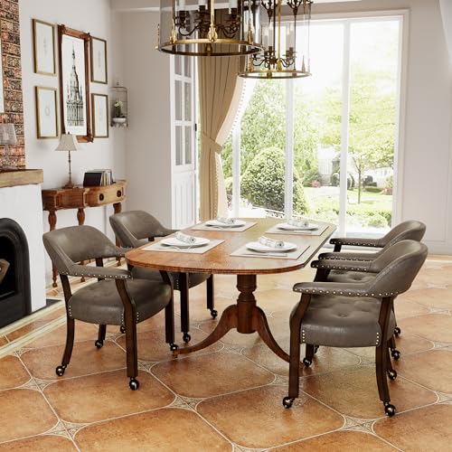 Set of 4 Dining Chair with Casters, Accent Captains Chairs with Wheels & Arms,Wheeled Roller Wood Chairs for Kitchen & Game Poker Table,Espresso&Dark Brown 318DK(NO Table!) - color: Espresso&dark Brown