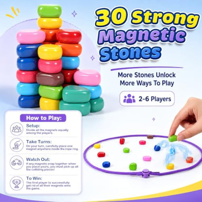 Magnet Game with String, 30 Colorful Magnetic Stones, Portable Magnetic Chess Strategy Set for 2-6 Players, Family Game Night, Travel, Camping, Party, Storage Bag and Instructions