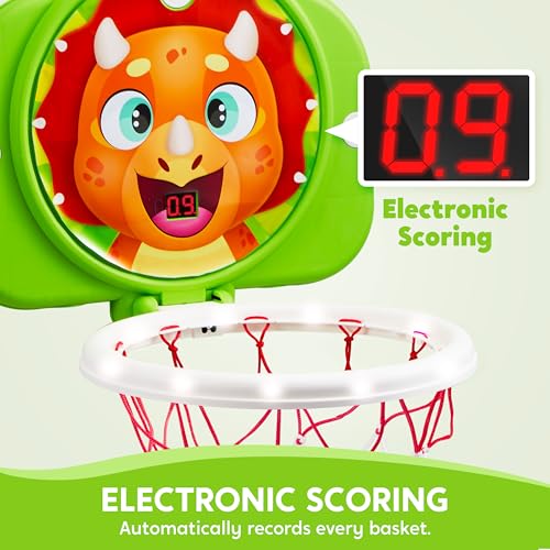 SYNCFUN Mini Basketball Hoop LED Scoring Indoor Hoop with 2 Balls, Indoor Adjustable Height Basketball Hoop, Space-Saving, Christmas Birthday Gifts Toy for Boy Girl Over 18 Months - style: Dinosaur