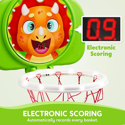 SYNCFUN Mini Basketball Hoop LED Scoring Indoor Hoop with 2 Balls, Indoor Adjustable Height Basketball Hoop, Space-Saving, Christmas Birthday Gifts Toy for Boy Girl Over 18 Months - style: Dinosaur