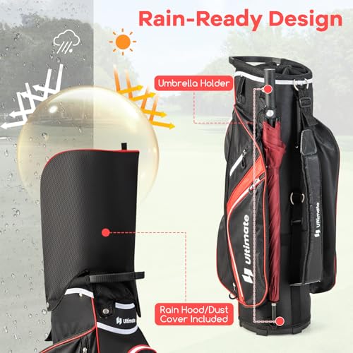 ULTIMATE Golf Cart Bag with 14-Way Top Dividers, Golf Club Bag w/ 9 Pockets incl. Cooler Bag, Rain Hood/Dust Cover, Detachable Shoulder Strap & Carry Handles, Lightweight for Men & Women - color: Red