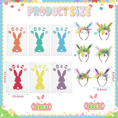 12 PCS Easter Potato Sack Race Bags with Headbands for All Ages Kids Easter Bunny Theme Party Favor,Easter Eggs Hunt Games Party Supplies Birthday Carnival Backyard Activities(6 Styles)