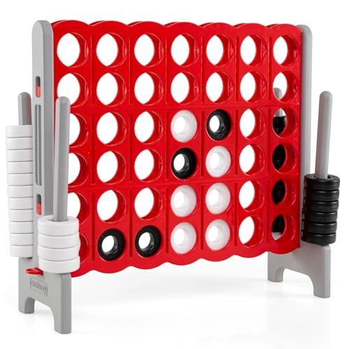 COSTWAY Jumbo 4-to-Score Giant Game Set, 4 in A Row for Kids and Adults | 3.5FT Tall Indoor & Outdoor Game Set with 42 Jumbo Rings & Quick-Release Slider, Perfect for Holiday Party & Family, Brown - color: Brown