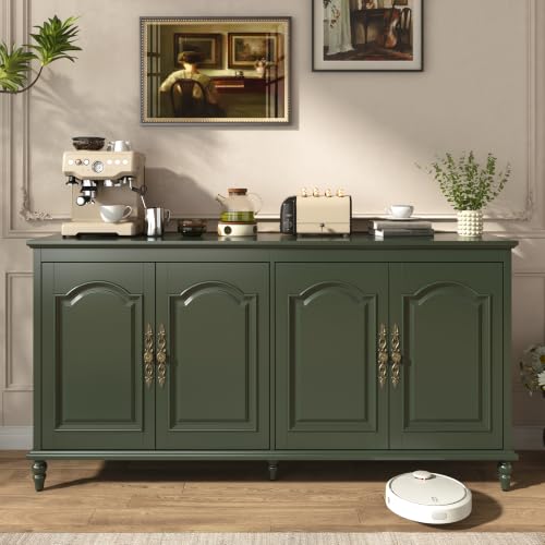 Hlivelood 65" Buffet Cabinet with Storage, Mid Century Modern Sideboard with Adjustable Shelves, Paint Cabinet, Wood Carving Design, Brass Carved Handles & Solid Wood Gourd Legs, Vintage Green - color: Vintage Green
