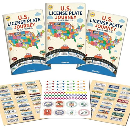 US License Plate Journey Educational Game, State Geography Learning Activity Book with Stickers, Road Trip Matching Game
