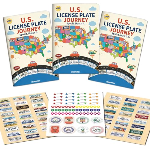 US License Plate Journey Educational Game, State Geography Learning Activity Book with Stickers, Road Trip Matching Game