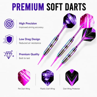 Soft Tip Darts Set - 3 Pack 2BA Darts Plastic Tip with Aluminum Shafts, 12 Tips, 9 Flights, 12 O Rings and Case for Electronic Dart Boards, Adults、Beginners & Pro Players