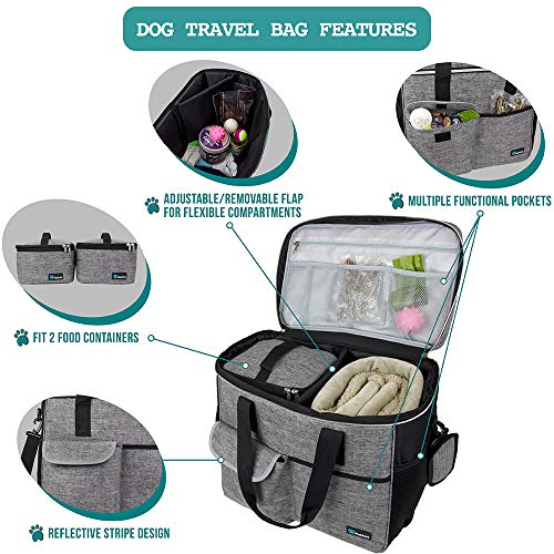 PetAmi Dog Travel Bag Organizer, Pet Travel Kit with 2 Food Containers & 2 Collapsible Dog Bowls, Pet Supplies Tote with Luggage Sleeve, Weekend Road Trip Camping Essentials, Gray, Large - color: Grey, size: Large - 15.5"L x 9.5"W x 14.0"H