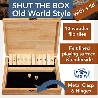 WE Games 12 Number Shut the Box Board Game- Natural Wood Box with Lid - color: Natural Wood