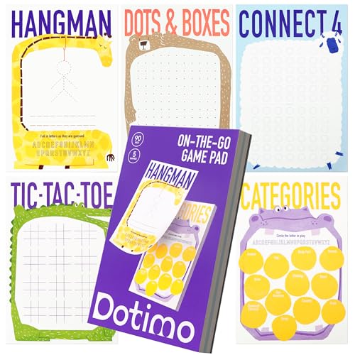 Dotimo Travel Games for Kids Ages 3+, 90-Page Activity Book with Hangman & 5 Classic Games, Screen-Free Road Trip Essentials, 6"x9" Tear-Out Sheets