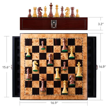 AMEROUS 17 inches Wooden Chess Set with High Polymer Weighted Chess Pieces / 2 Built-in Storage Drawers / 2 Extra Queens / 3.75'' King, Classic Board Game