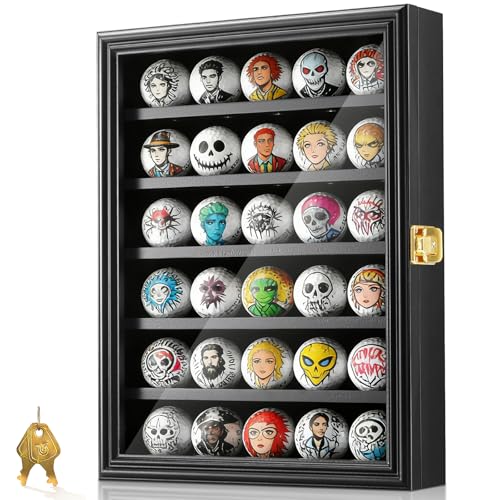 JupDec Golf Ball Display Case Frame for 30 Balls, Dustproof Solid Wood Holder Box with Unobstructed Clear View, Velvet Lined Cabinet with Removable Shelves, Ideal Gift for Golf Fans - size: 1 Pack