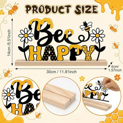 Bee Happy Spring Table Decorations Cute Bumble Bee Metal Table Sign with Wooden Base Spring Summer Farmhouse Tiered Tray Decor Yellow Daisy Tabletop Centerpieces for Home Mantel Shelf Desk - style: Bee Happy