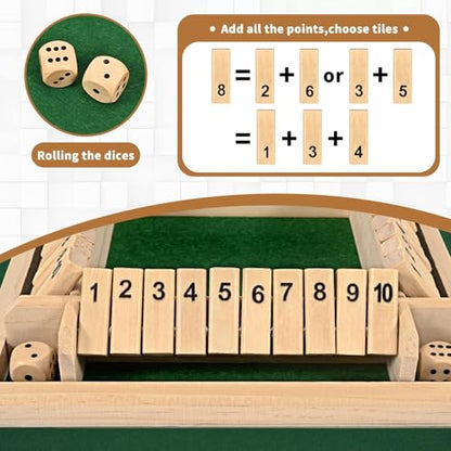 Shut The Box Game 2-4 Players Classic Dice Board Game 10 Numbers Table Math Games Traditional Wooden Family Game for Night Pub Bar Classroom Travel Improves Mathematical Skills (Green) - color: Wood, size: 10.2
