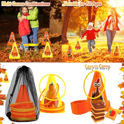 4 in 1 Fall Festival Thanksgiving Party Games with Ring Toss, Plastic Cones, Bean Bags, 3-Legged Race Bands, Thanksgiving Games for Family Boy Girl Adult Carnival Friendsgiving Outdoor Yard Activities - color: Fall Thanksgiving Orange