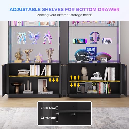 Dystler 71" Locking Glass Display Cabinet, 6-Tier Curio Case with RGB Light | Key Lock, Tempered Glass Shelves, RGB Motion-Sensor Lights, App Control, Curved Safety Edges, for Trophies & Figures - color: Black