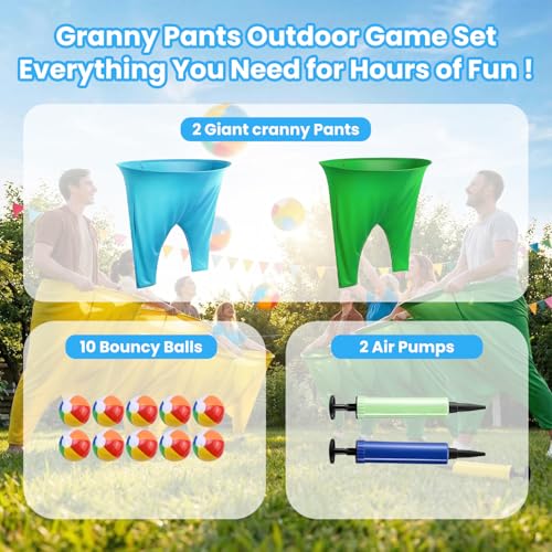 Granny Pants Yard Game Set, 2 PCS Granny Pants Family Party Outdoor Game with 10 Bouncy Balls & 2 Pumps Perfect for Adults and Kids, Fun Family Reunion Ultimate Backyard Party Games - color: blue+green