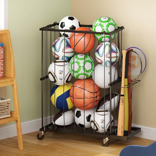 Garage Ball Storage With Baseball & Badminton Holder: Floor Sports Equipment Organizer, Sports Ball Rack With Elastic Rope, Ball Holder for Basketball, Soccer, Volleyball, Football, Garage, Gym, Black - color: Black-Small (With Wheels And Bat Holder)
