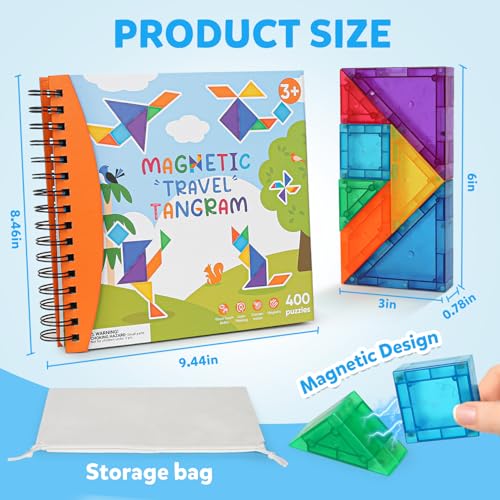Magnetic Tangram Puzzle with 3D Building Blocks, Road Trip Essentials Travel Tangram with 400 Solution Montessori Travel Toys for Kids Magnetic Puzzles Brain Teasers Gifts for Kids Adults - style: 400 Solution