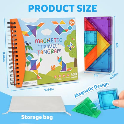 Magnetic Tangram Puzzle with 3D Building Blocks, Road Trip Essentials Travel Tangram with 400 Solution Montessori Travel Toys for Kids Magnetic Puzzles Brain Teasers Gifts for Kids Adults - style: 400 Solution