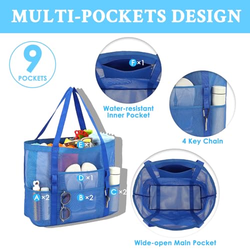 GYEUKHAM Mesh Beach Bag for Women, Sand-Resistant Pool Tote, 9 Pockets (1 Inner Zip), Foldable Family Travel Essentials - color: L-blue