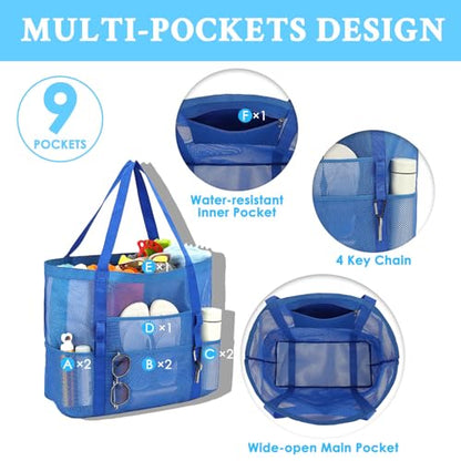 GYEUKHAM Mesh Beach Bag for Women, Sand-Resistant Pool Tote, 9 Pockets (1 Inner Zip), Foldable Family Travel Essentials - color: L-blue