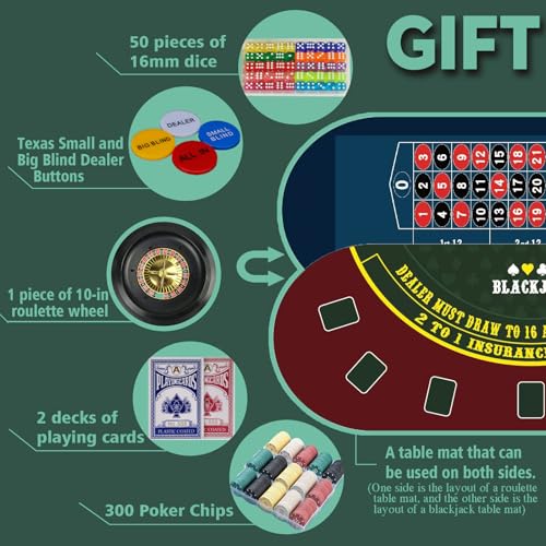 8 Player Foldable Poker Table Top 4-in-1 Casino Game Set for Texas Hold'em, Blackjack, Hi-Lo Dice & Roulette, Portable Folding Table Mat with Cup Holders & Full Props for Home Party, Game Night