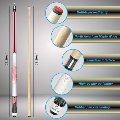 HomeSeason 58in 2-Piece Pool Cue, 18/19/20/21oz Professional Maple Billiards Stick 3D Printed Lizard Grip with Case, 12.5mm Tip Stainless Steel Quick Screw - color: 19oz(Pink)