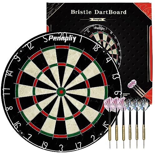Bristle Dart Board Set, Professional Dart Board 18" with 6pcs 18g Darts Outdoor Dartboard Set, Compressed Sisal Metal Wire Board with Rotating Number Ring