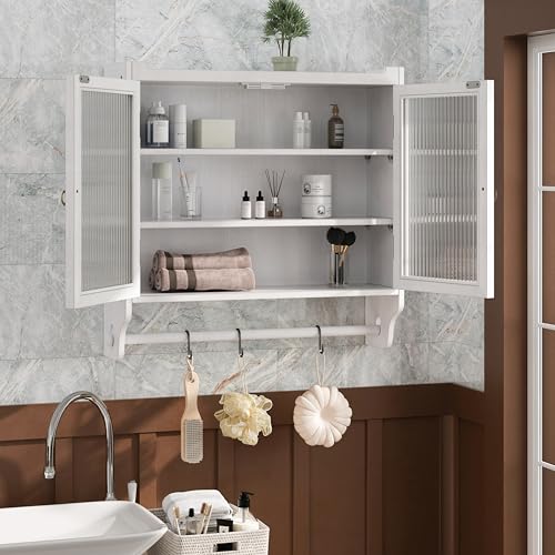 Retro Style Haze Double Glass Door Wood Wall Cabinet with Detachable Shelves for Office, Dining Room,Living Room, Kitchen and Bathroom White Washed - color: White Washed
