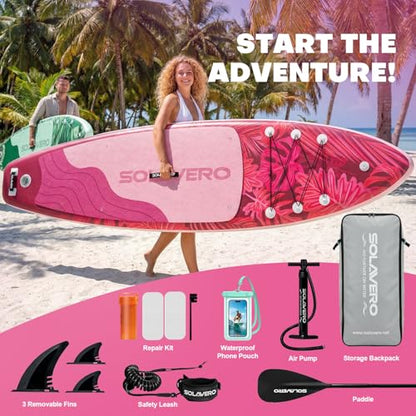 SOLAVERO 10'6" Inflatable Paddle Board for Adults, Stand Up Paddle Board with Premium SUP Accessories,Anti-Slip EVA Deck for Youth & Adults of All Skill Levels - color: Tropical Pink