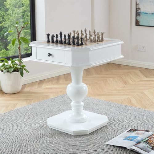 Chess Table, Reversible Chess Checker Game Table with 2 Drawers for Family Entertainment Room, 3-in-1 Square Game Tray for Chess Checker Backgammon, White - size: 28''-Chess Table White