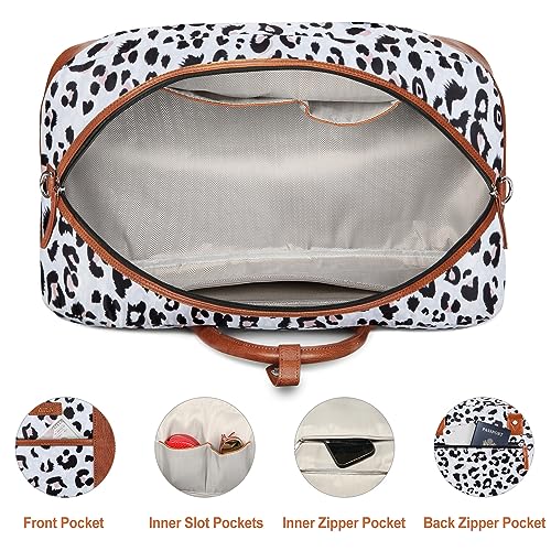 Weekender Bag for Women, Large Overnight Bag Canvas Travel Duffel Bag Carry On Tote with Shoe Compartment 21" 3Pcs Set - color: A17-brown+gray leopard