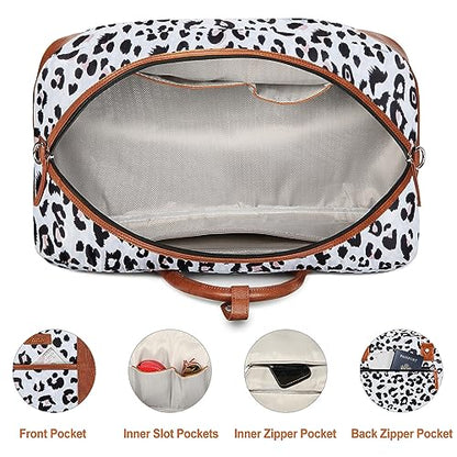 Weekender Bag for Women, Large Overnight Bag Canvas Travel Duffel Bag Carry On Tote with Shoe Compartment 21" 3Pcs Set - color: A17-brown+gray leopard