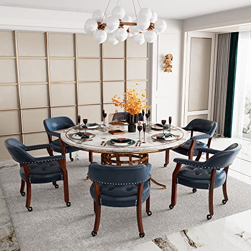 Set of 4 Dining Chair with Casters, Accent Captains Leather Chairs with Wheels & Arms,Wheeled Roller Wood Chairs for Kitchen & Game Poker Table,Cherry&Purplish Blue 1533LB(NO Table!) - color: Cherry&purplish Blue