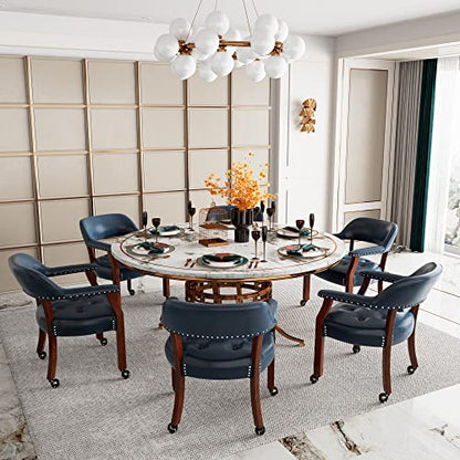 Set of 4 Dining Chair with Casters, Accent Captains Leather Chairs with Wheels & Arms,Wheeled Roller Wood Chairs for Kitchen & Game Poker Table,Cherry&Purplish Blue 1533LB(NO Table!) - color: Cherry&purplish Blue