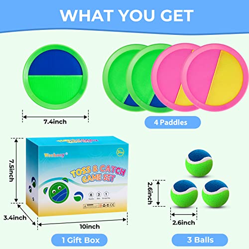 Weehoey Beach Toys - Outdoor Games for Kids, Toss and Catch Ball Set with 4 Paddles 3 Balls, Toys for 3 4 5 6 7 8+ Year Old Boys Girls Christmas Birthday Gifts (Pink and Green) - color: Pink and Green