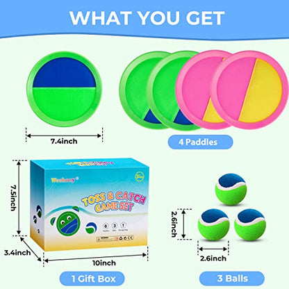 Weehoey Beach Toys - Outdoor Games for Kids, Toss and Catch Ball Set with 4 Paddles 3 Balls, Toys for 3 4 5 6 7 8+ Year Old Boys Girls Christmas Birthday Gifts (Pink and Green) - color: Pink and Green