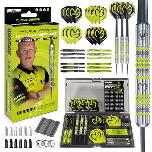 WINMAU Darts Set Michael Van Gerwen MvG Steeltip Gift Case - 50 Piece Dart Set | 20g Steel Tip Darts | 4 x Shafts | 4 x Flights | Accessories