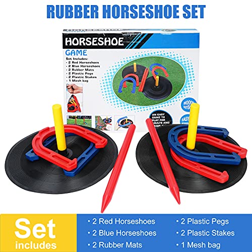 Outdoor Indoor Rubber Horseshoes Set Includes 4 Horseshoes,2 Pegs,2 Rubber Mats,2 Red Plastic dowels,Beach Games Perfect for Tailgating,Camping,Backyard,Fun for Kids Adults