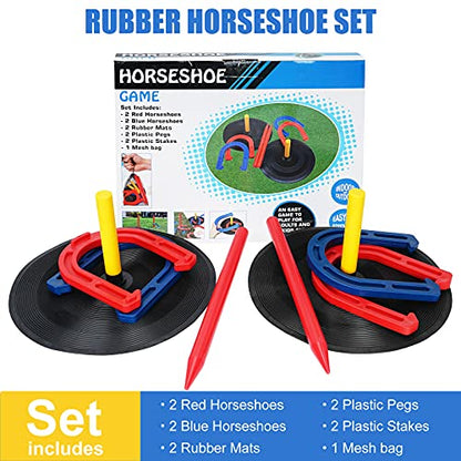 Outdoor Indoor Rubber Horseshoes Set Includes 4 Horseshoes,2 Pegs,2 Rubber Mats,2 Red Plastic dowels,Beach Games Perfect for Tailgating,Camping,Backyard,Fun for Kids Adults
