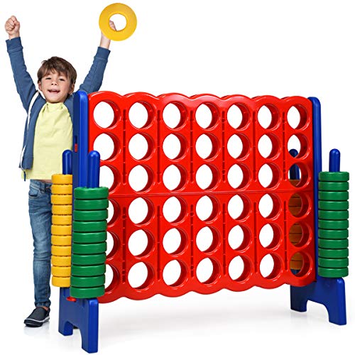 Costzon Giant 4-in-A-Row, Jumbo 4-to-Score Giant Game Set for Kids & Adults, Indoor Outdoor Yard Connect Game, 3.5FT Tall with 42 Jumbo Rings & Quick-Release Slider, Perfect for Family & Party Games - color: Red/Blue