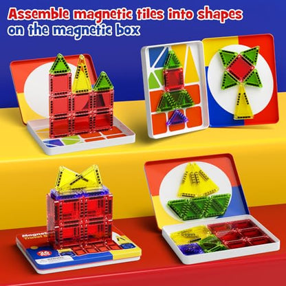 WMXDU Mini Magnetic Tiles with Iron Case, Magnetic Building Toys Kid's Travel Essential Portable Creativity On-The-Go Magnet Blocks STEM Travel Toys for Toddler Boys Girls Ages 3+, 26-Piece - style: 26pcs-Orange