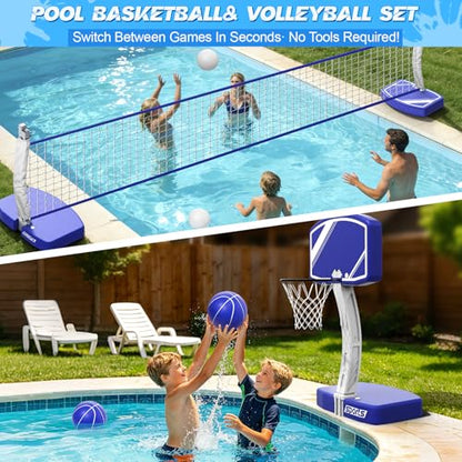 Pool Basketball Hoop&Pool Volleyball Net 2 in 1,Pool Toys Basketball Game with Weighted Base&Stand,2 Water Volleyball&2 Basketball and Pump,Summer Outdoor Family Party Pool Games for Kids Adults - size: basketball hoop