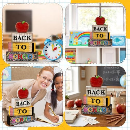 Lineshading 4 Pcs Back to School Table Decorations Retro Red Apples Decor Back to School Tiered Tray Decor Apple Centerpieces Rustic Wood Pencil Block Sign Farmhouse Gifts for Class Party Home Shelf - style: Back to School