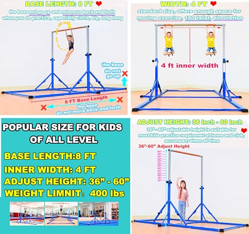 Marfula Gymnastic Bar For Kid and Teenage of 3-25, 5Ft/8 FT Base Length 4Ft Width 5Ft Adjust Height, Gymnastic Kip Bar For Gymnast, Gymnastic Training Equipment For Professional Training Home Club Use - color: Blue (Bar with Mat - 8 Ft Base)