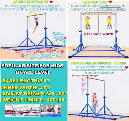 Marfula Gymnastic Bar For Kid and Teenage of 3-25, 5Ft/8 FT Base Length 4Ft Width 5Ft Adjust Height, Gymnastic Kip Bar For Gymnast, Gymnastic Training Equipment For Professional Training Home Club Use - color: Blue(New Style - 8 Ft Base)