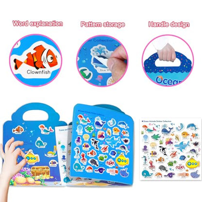 Reusable Sticker Book for Kids, Ocean Stickers Educational Learning Toys Travel Stickers Activity Books for Toddler Girls Boys Age 3+ Birthday Gifts - style: Ocean