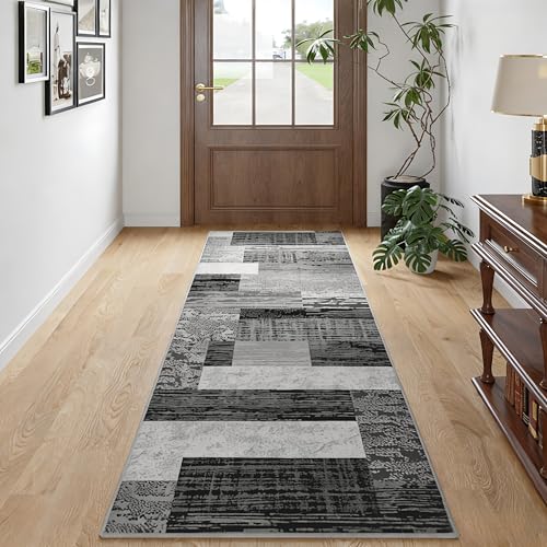 FlyDOIT Modern Geometric Patchwork Area Rug, 2x6 Grey Runner Rugs for Living Room, Rockwood Collection Indoor Rugs for Bedroom, Throw Carpet Floor Decor for Entryway Dining Room Office Nursery - color: Grey, size: 2' x 6' (Rectangular)