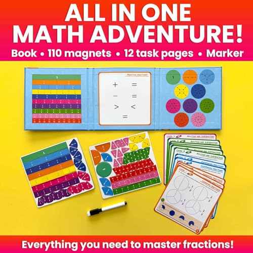 QUOKKA Magnetic Puzzles for Kids Ages 4-6 – Magnetic Fractions Learning Set for Kids 6-12 – Math Games for Homeschooling, Classrooms & Travel – 110 Magnets, 12 Task Pages, Marker – Toddler Travel Toys - style: 10. Math Game